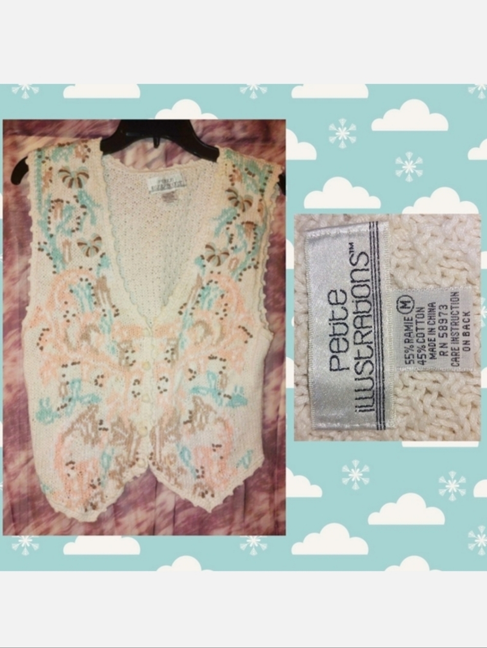 Petite Illustrations Cream/Multiclr w/Embroidered Floral Knit Sweater Vest Sz M